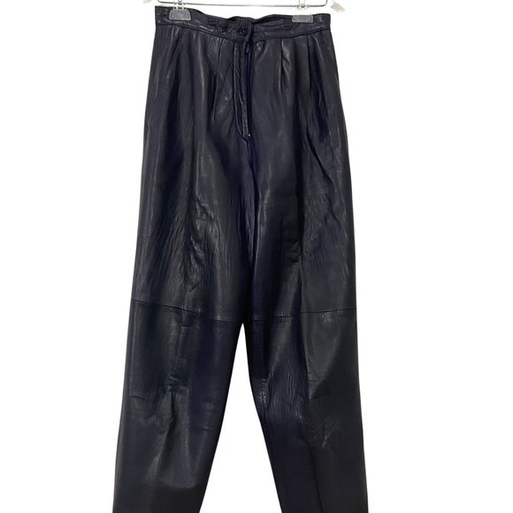 Vintage Blue Leather Pants Womens Pleated Front Side Pockets Cuffed Hem Sz Small - Picture 2 of 5